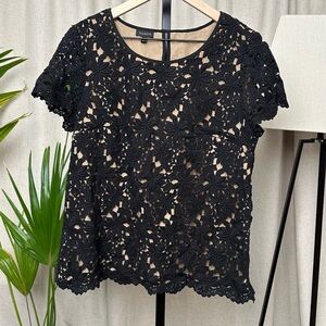 Talbots Black & Tan Floral Lace Overlay Blouse – Size 12